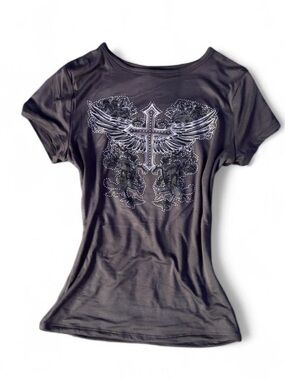 Black Short-Sleeve Women's Graphic Tee with Winged Cross Detail
